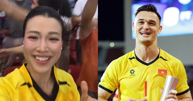 Á hậu Hoàng Oanh hò reo trên sân Mỹ Đình, mặc áo đôi với Patrik Lê Giang giữa nghi vấn hẹn hò缩略图